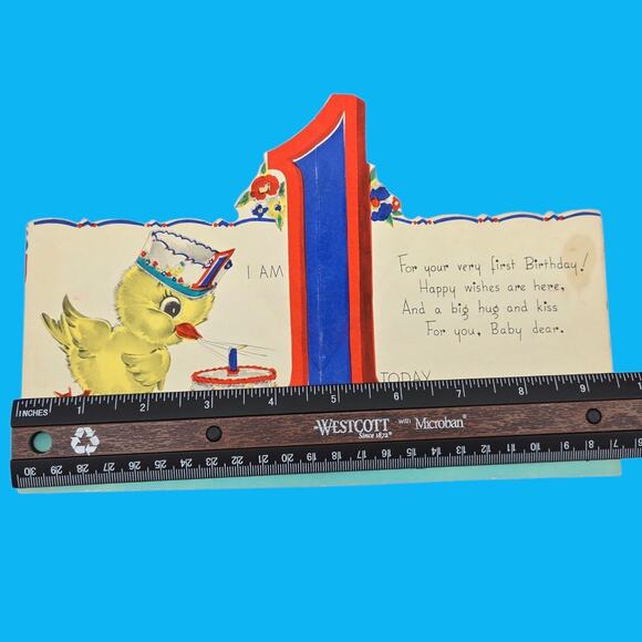 1942 Pop Up 1 year-old Birthday Hat Chick Duck Vintage Rust Craft Die-Cut Card - Picture 11 of 11